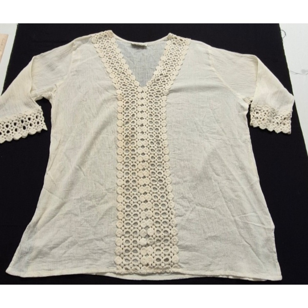 Jessica Taylor women's white crochet lace trim V-neck gauze boho top plus 3X‎